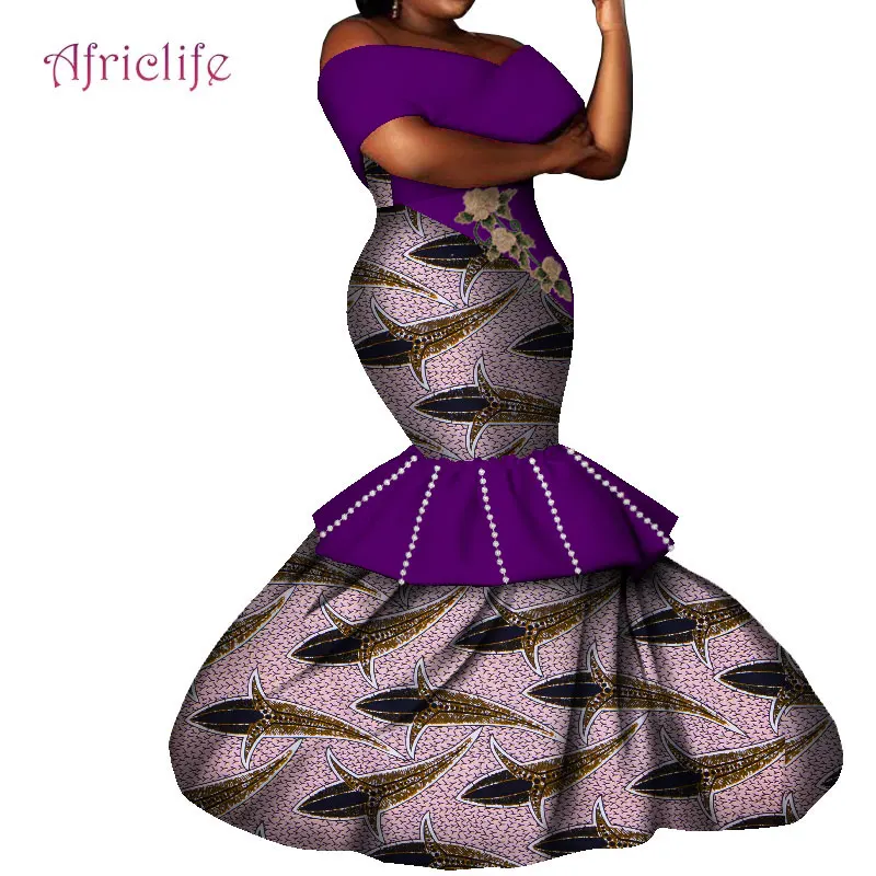 African Dresses for Women  Floor Length Slim Prom Dress One Shoulder Print Dresses WY8497