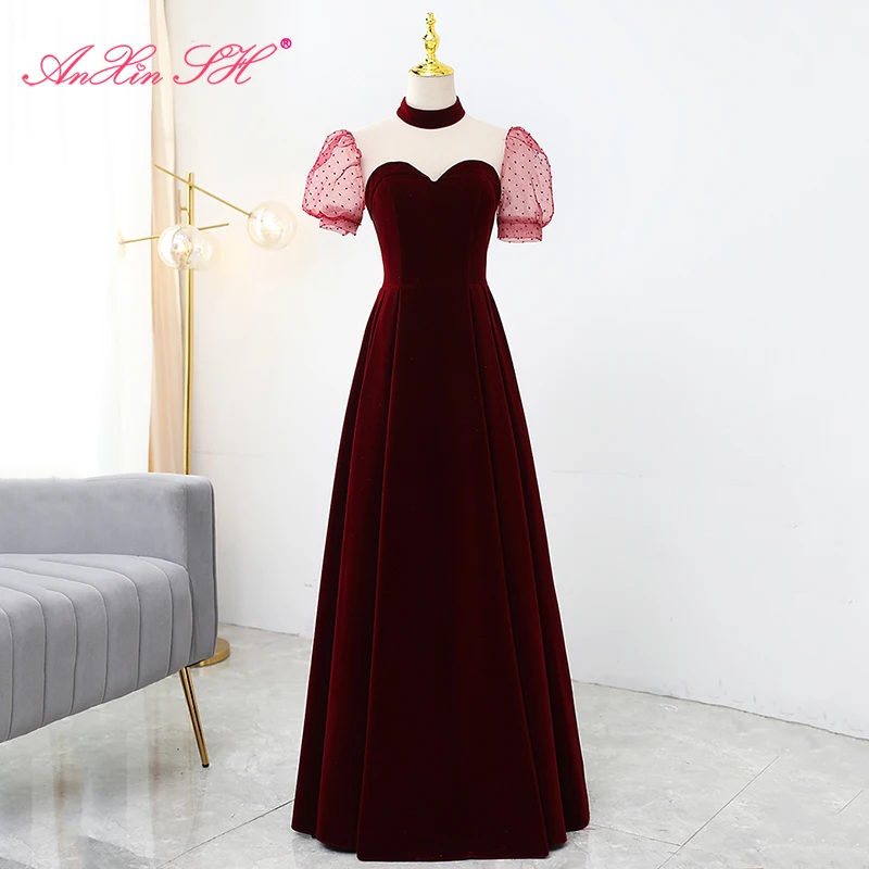 

AnXin SH vintage princess wine red velour evening dress party o neck illusion puff sleeve a line lace up bride evening dress