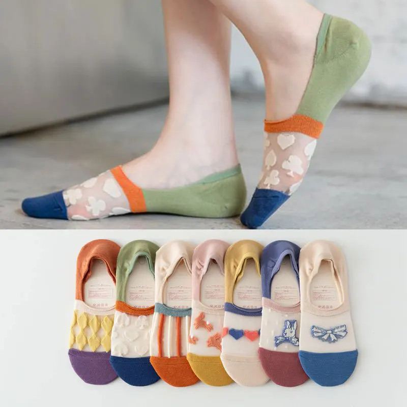 

Summer Women Socks Translucent Silicone Non-slip Invisible Socks Bow Bunny Cotton Slipper No Show Socks Geometric Print Sock New