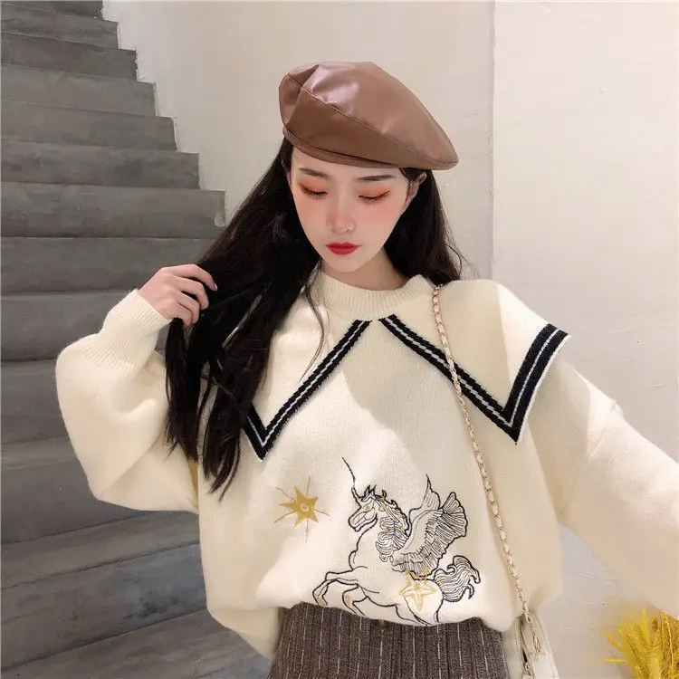 

Women's loose Korean-style slouchy lapel sweater college-style embroidered embroidery pullover all-match outer top