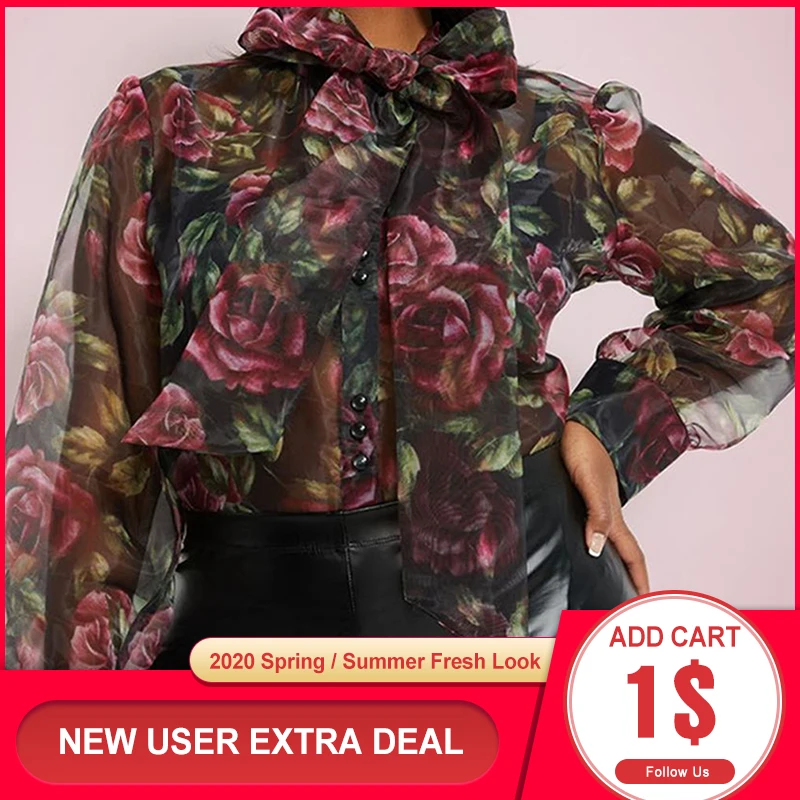 Прозрачная женская блузка с цветочным принтом летняя винтажная длинным рукавом