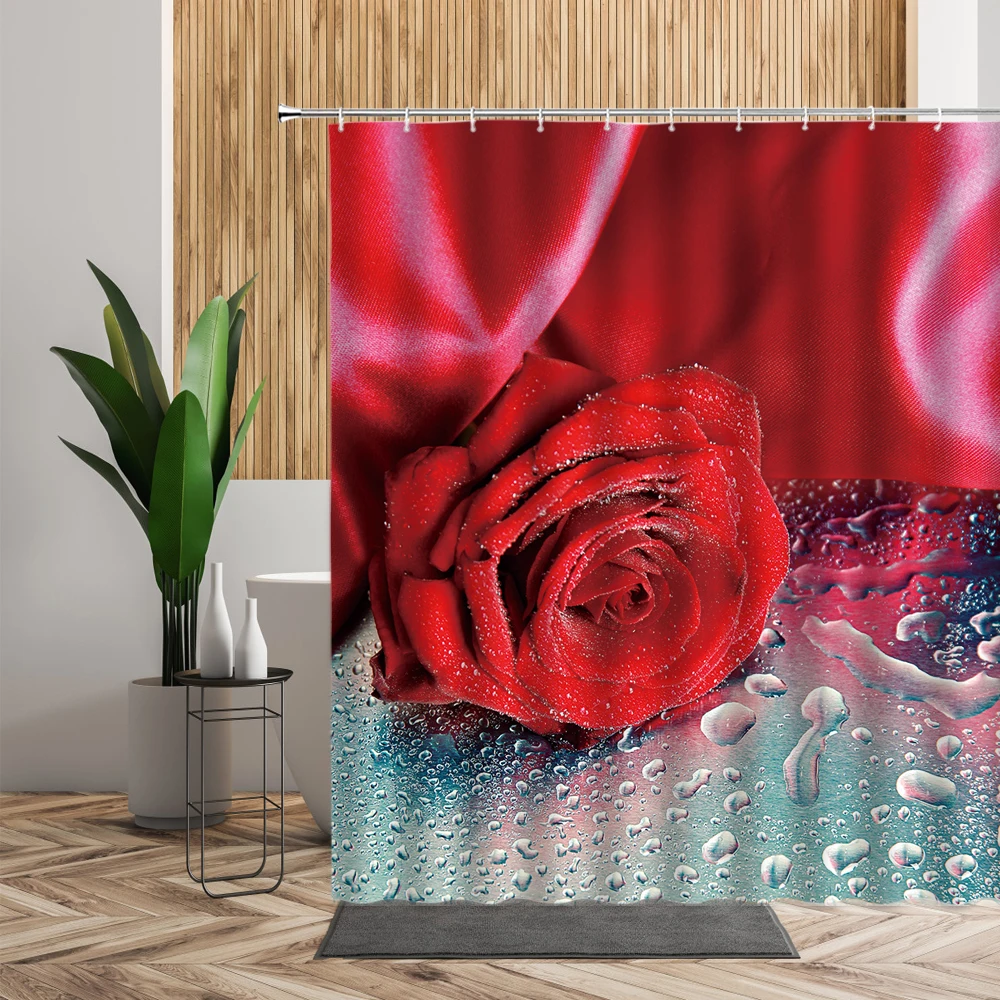 

Red Rose Flower Shower Curtain Romantic Love Valentine Women Bathroom Decor Waterproof Bath Partition Curtains For Girls Bedroom