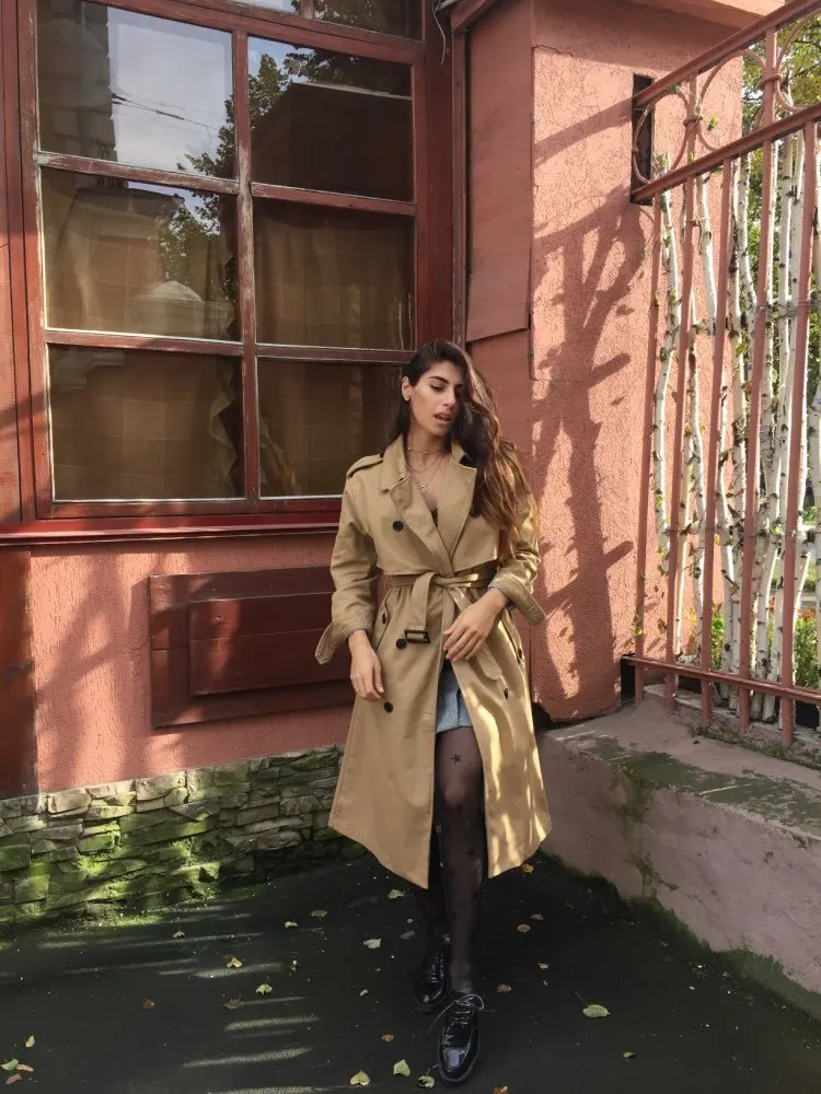 

Women fashion long Vintgae double breasted Trench coat Ladies Slim trenchcoat windbreaker female Overcoat