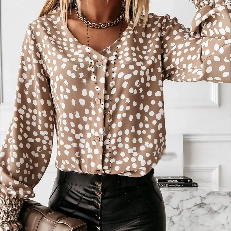 

2021 Ladies Fashion Tops Shirt Spring/Summer New Products Long Sleeve V Leader Dot Dot Shirt Women
