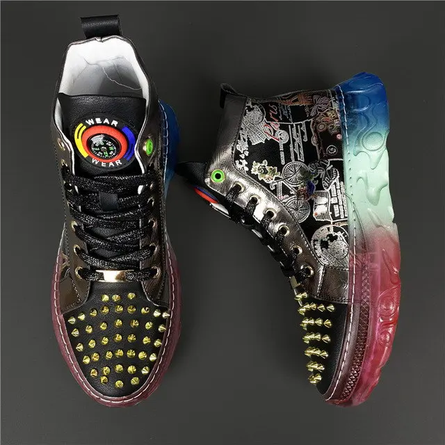 

ERRFC Luxury Mens White Casual Shoes High Top Round Toe Print Trending Platform Flats Man British Leisure Shoes Rivets Charm