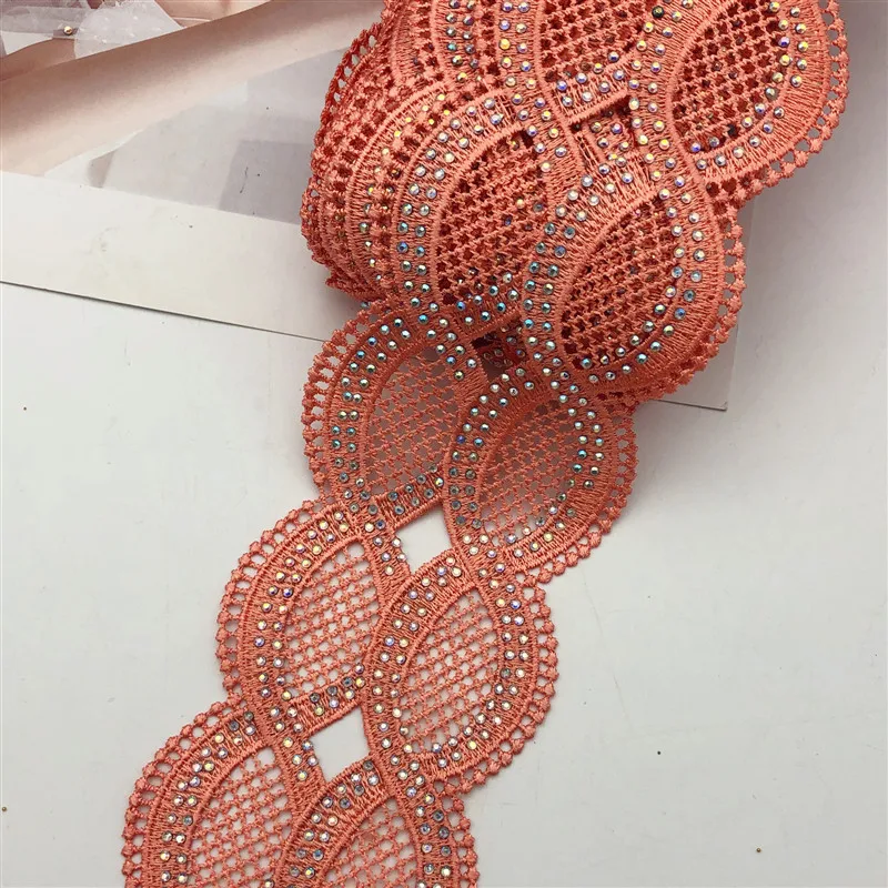 

10yards Vintage many color rhinestone Embroidered Motif Lace Nigeria Venice Trim Crochet Cord Wide 8.5CM