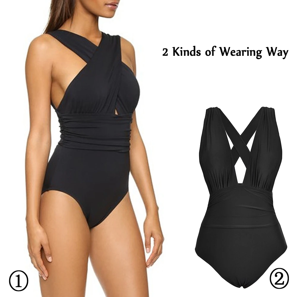 

Women's Sexy Bathing Suit Front Criss-Cross Ruched One Piece Padding Swimsuit 2 Kinds of Wearing Way Dropshipping