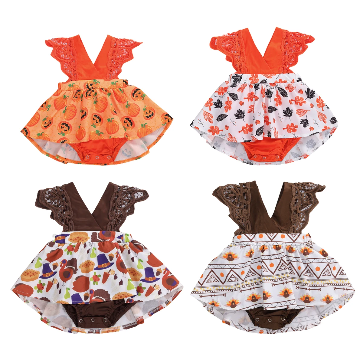

2020 Summer Newborn Baby Girls Clothing Toddler Lace Flying Sleeve V-neck Jumpsuits Cartoon Pumpkin Print Kids Bodysuits 0-18M