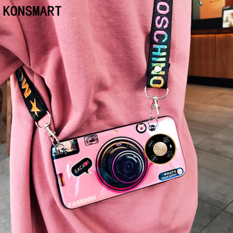 

KONSMART Mate 40 Pro Plus Case Retro 3D Camera Phone Case For Huawei Mate40 Fashion Silicone Soft Back Cover With Strap Fundas