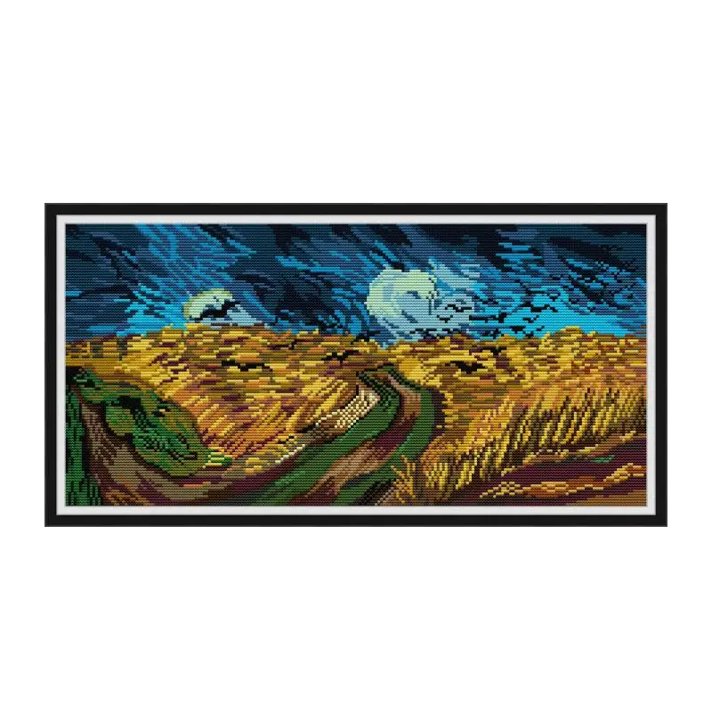 

FA108 Van Gogh-Wheat field with crows flying cross stitches needlework embroidery DIY handmade