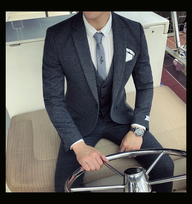 Мужской деловой костюм, официальный смокинг, мужские костюмы, Casacas Hombre Azul Terno Preto, облегающие Серые Ретро костюмы в клетку для мужчин