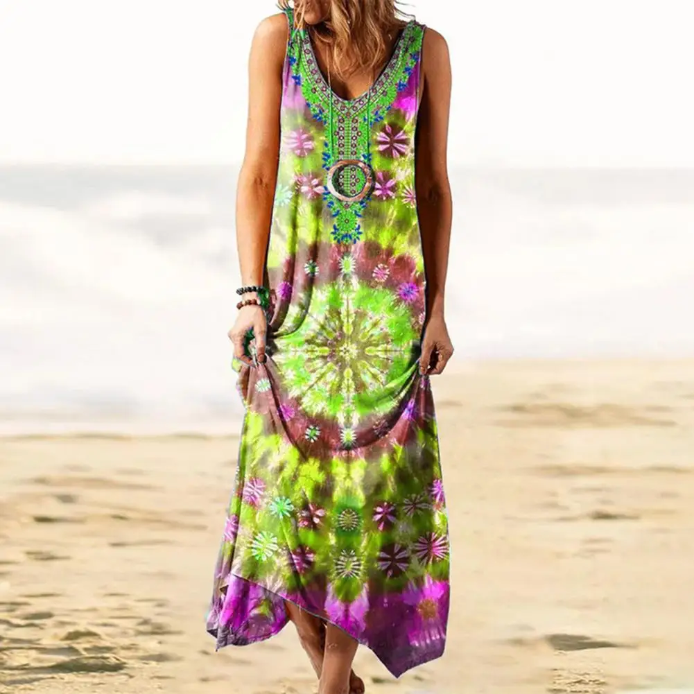 

Women Bohemian Sundress Sleeveless Ethnic Print V Neck Large Hem Loose Maxi Dress Elegant Party Beach Dresses Casual Vestidos
