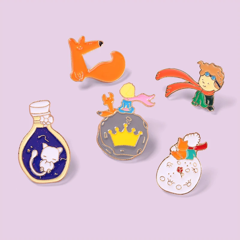 

Cartoon Enamel Prince Fox Planet Alloy Clothing Accessories Pins Fashion Blue Bottle Cat Silk Scarf Crown Badge Jewelry Gifts