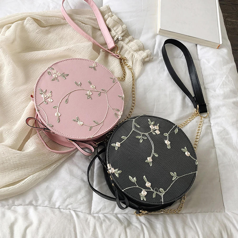 

Fashion Women Lace Chain PU Leather Shoulder Messenger Crossbody Bag Ladies Vintage Zipper Round Handbag Tote Purse