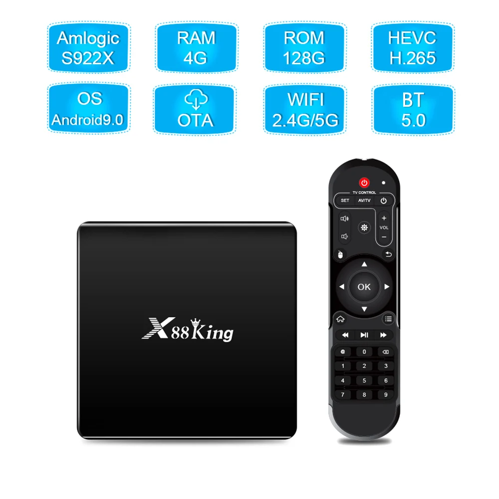 X88 King Android 9,0 S922X BT5.0 ТВ приставка WiFi 4 Гб+ 128 Гб 2,4 г/5 г шестиядерный Mali-G52 MP6 ТВ приставка LPDDR4 4K медиаплеер