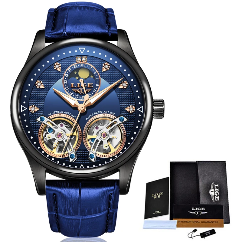 Новый бренд LIGE мужские часы автоматические механические Tourbillon кожаные