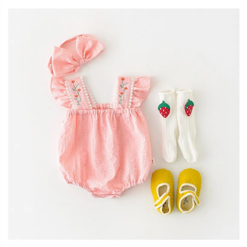 

Baby Girls Embroidered Clothes Summer Newborn Baby Romper Jumpsuit For Girls Infant Baby Sunsuit Ruffle Sleeve Princess Headband