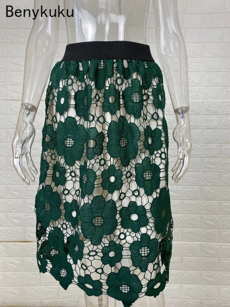 

Women Elegant Fashion Flower Embroidery Vintage Lace Skirts Womens Casual Skater Sexy Skirt Party Black High Waisted Skirt 2021