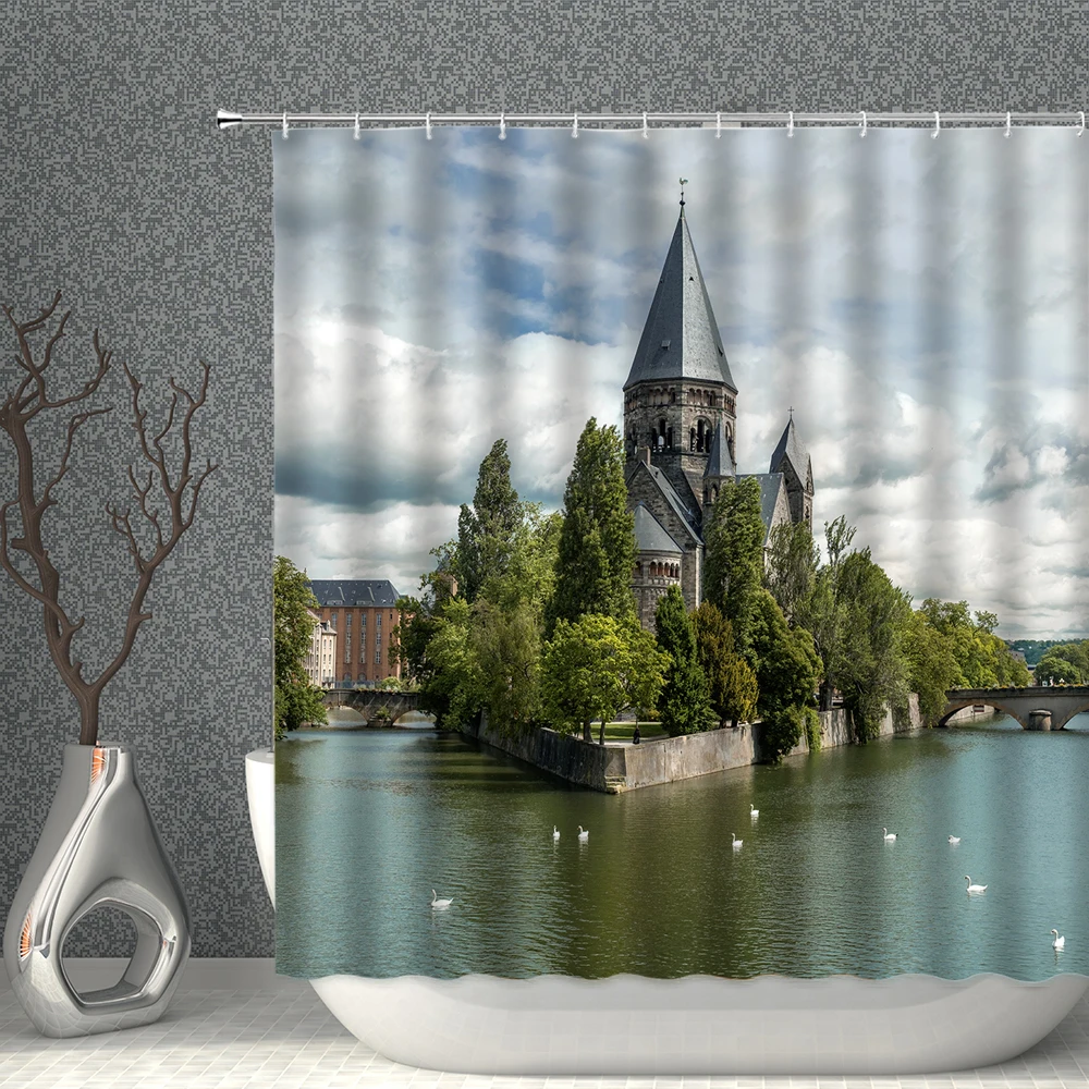 

Villa Castle Shower Curtain Waterproof Fabric House Photo Bath Curtains Set Bathroom Screen Multi-size Bathtub Partition Decor