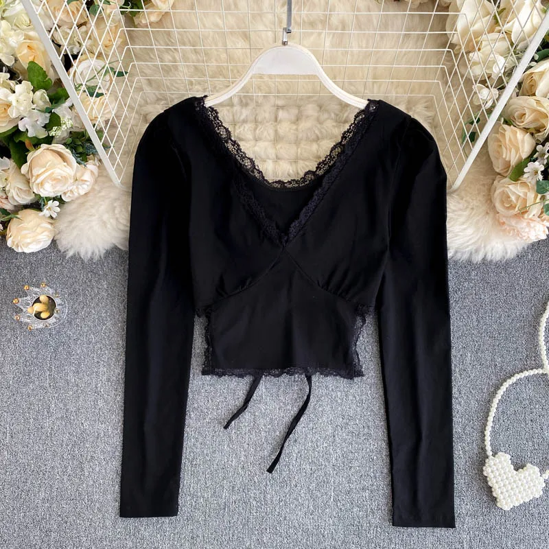 Женский кружевной топ с v-образным вырезом и длинным рукавом | Женская одежда