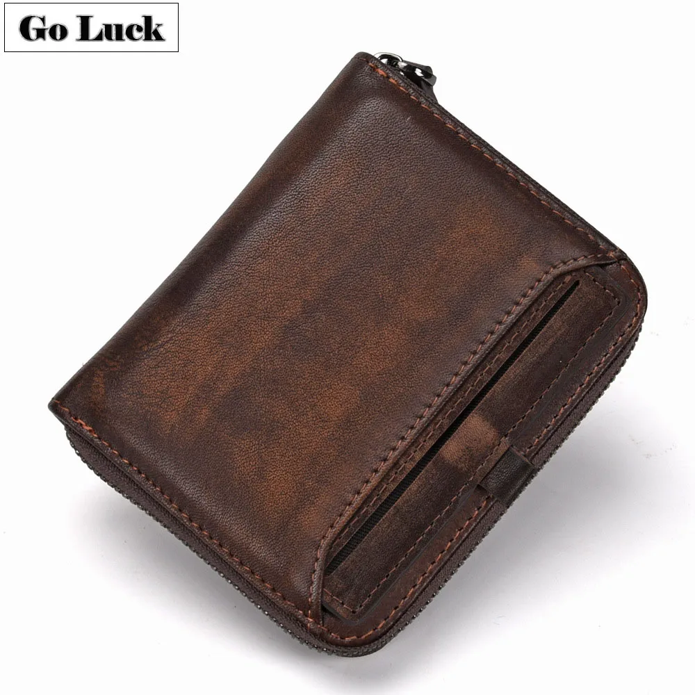 Бренд GO-LUCK, мужские кошельки из натуральной кожи, короткий круглый кошелек на молнии, мужской кошелек из воловьей кожи, повседневный кошелек для кредитных карт, держатель для карт