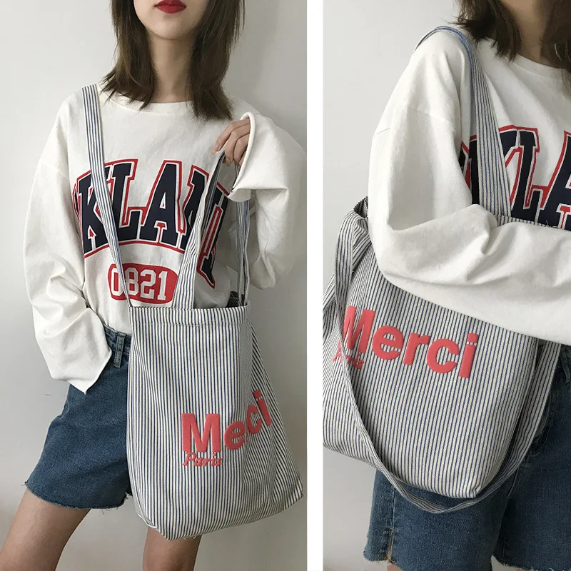

Women Canvas Shoulder Bag Nautical Stripes Design Female Cloth Crossbody Bags Casual Tote Large Capacity Books Handbag For Girls