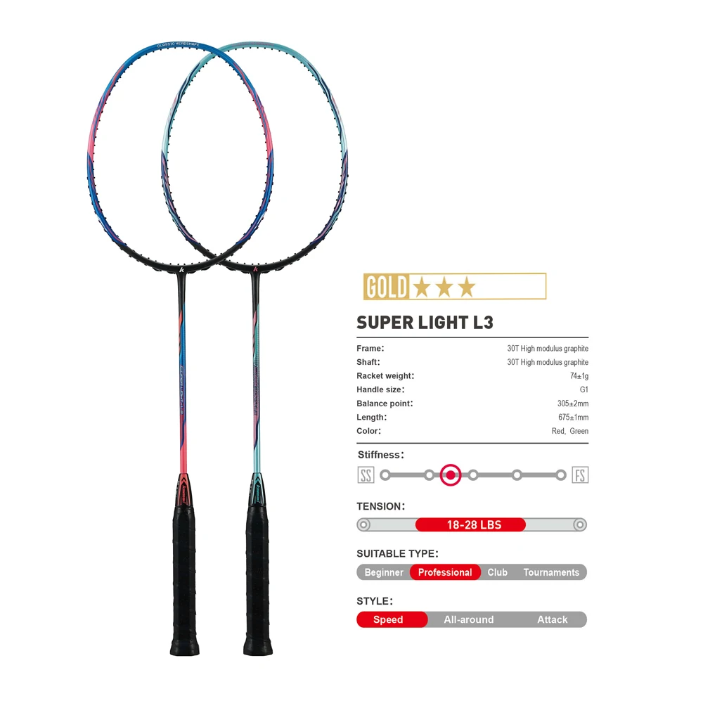Kawasaki Attack Type Badminton Rackets 6U Carbon Fiber Badminton Racquet For Intermediate Players Super Light Weight L3