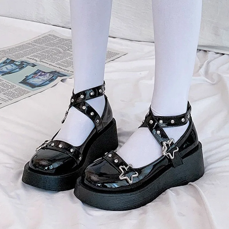 

Lolita Shoes Star Buckle Mary Women Cross-tied Platform Shoes Patent Leather Girls Rivet Casual Leather