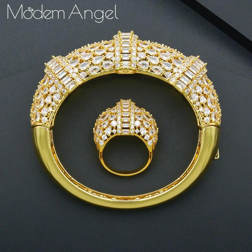 

ModemAngel Luxury Big Delicate Bangle Ring Set For Women Micro Cubic Zircon Pave Party Wedding Saudi Arabic Dubai Jewelry Sets