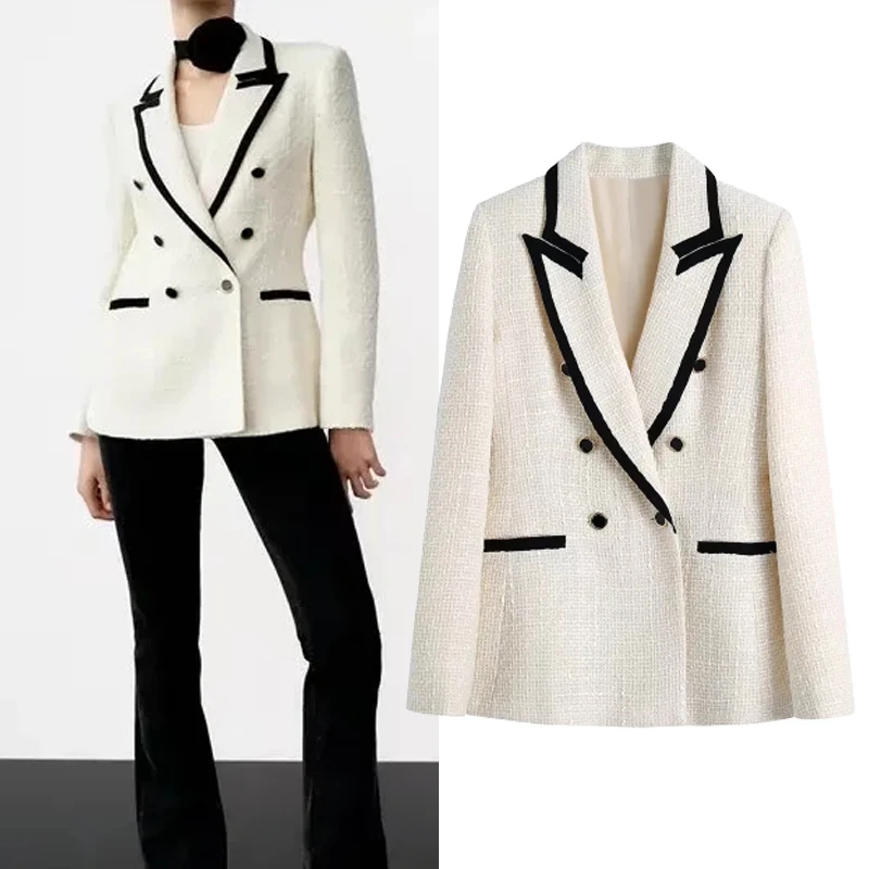 

Za 2021Winter Women Fashion With Contrast Piping Tweed Blazer Coat Vintage Long Sleeve Pockets Female Outerwear Chic Vest Female