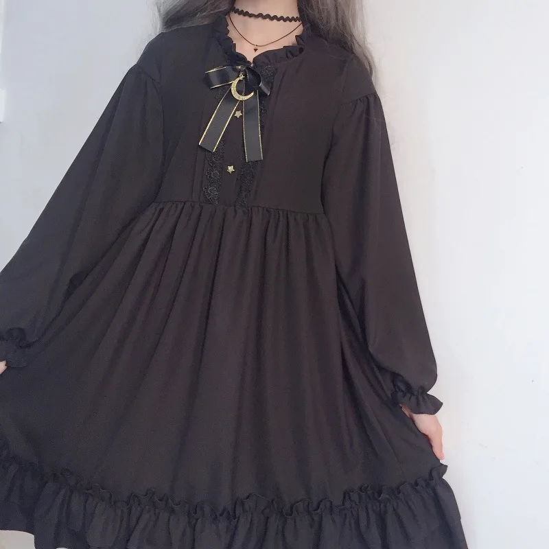 

Japanese Harajuku Women Black Ruffle Dress Lantern Sleeve Lolita Style Student's Dress Sweet Kawaii Cute Bow Girl Chiffon Dress