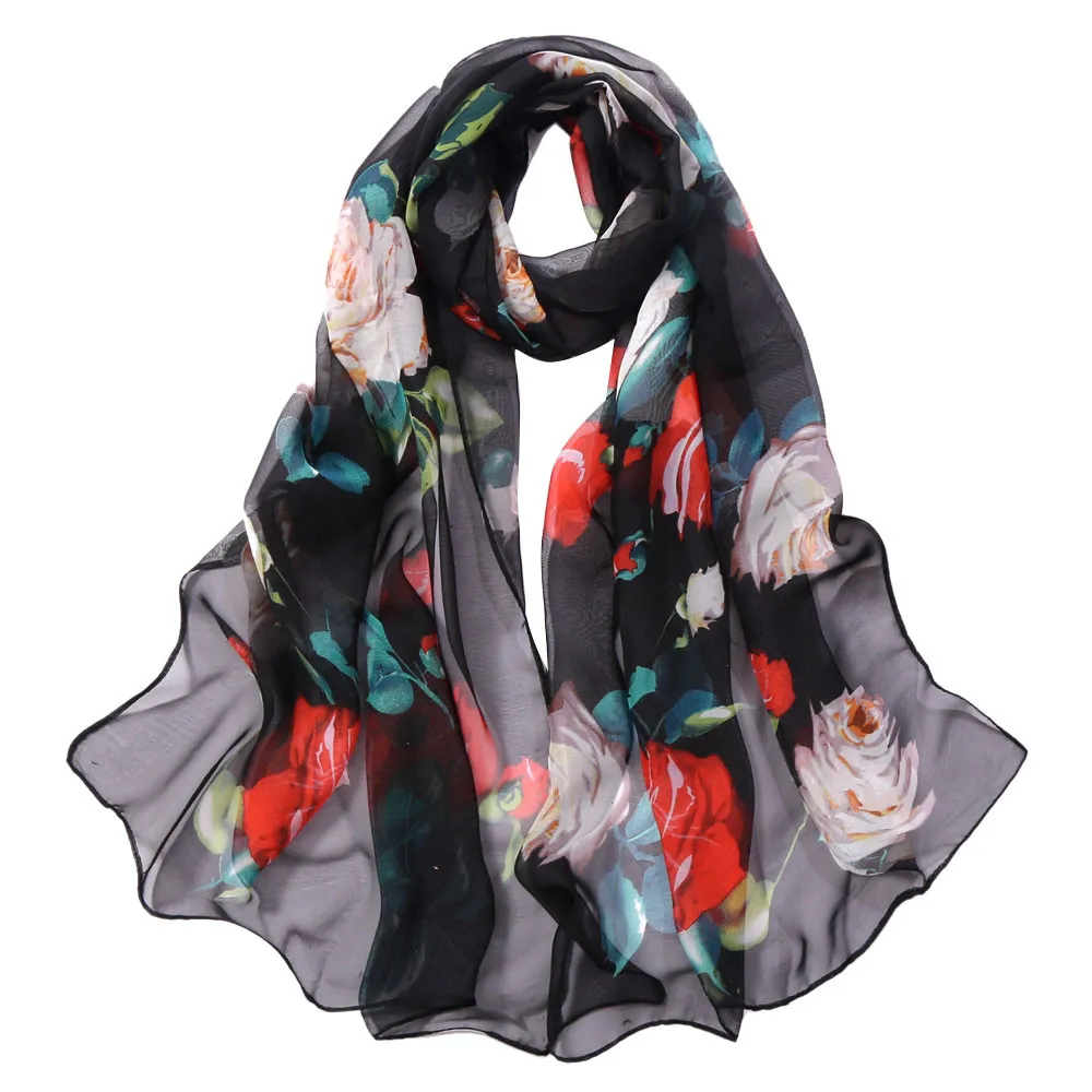 

Roses Printed Women Hollow-Out Fashion Long Soft Female Shawl Simulation Silk Western Style Fashion Luxury Femme Shawl Scarves