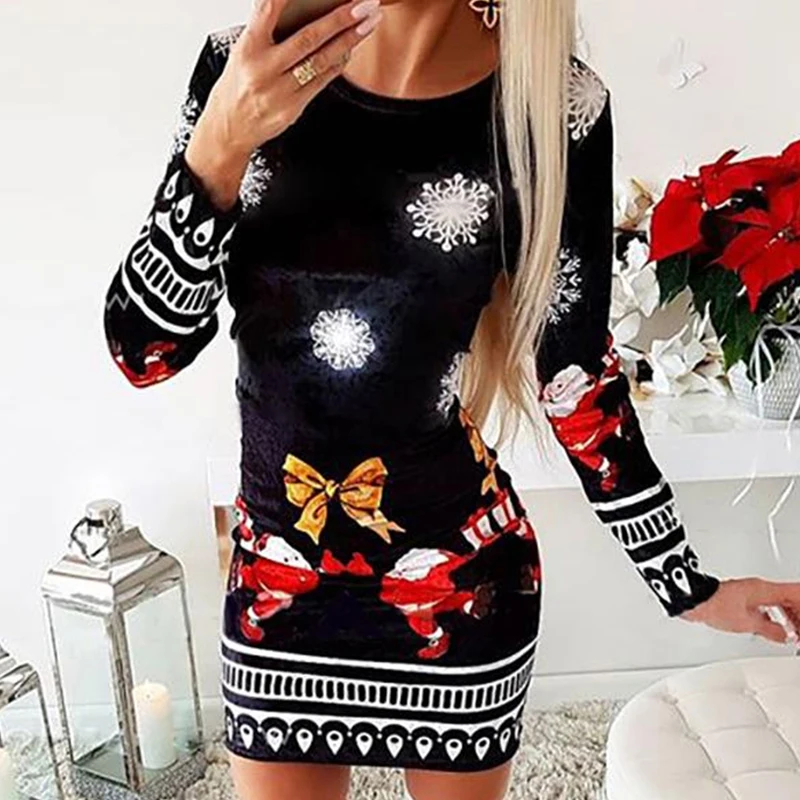 

2021 рождественское осеннее платье с принтом снежинки оленя женское платье с длинным рукавом мини-платье с круглым вырезом модное элегантное...