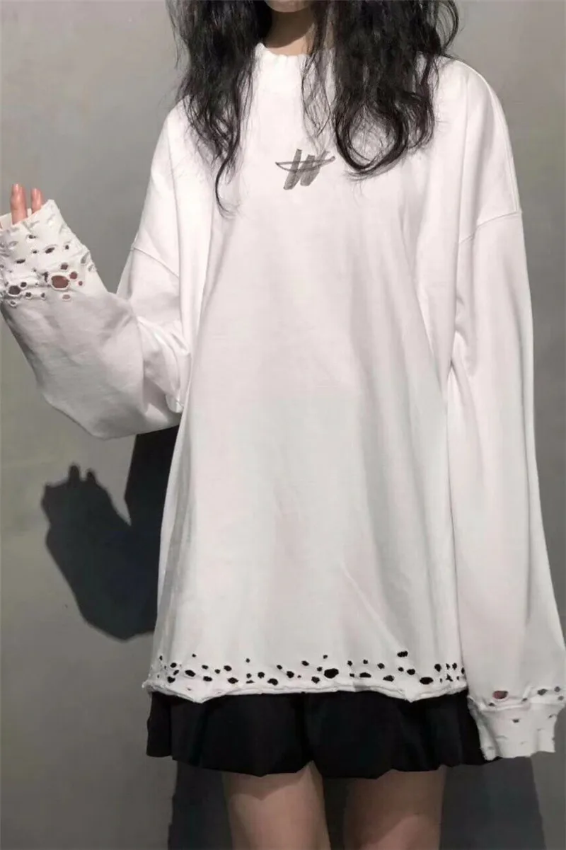 

Oversized WE11DONE Hole Damage T Shirt Men Women 1:1 Best-Quality Long sleeve welldone T-shirt Tees
