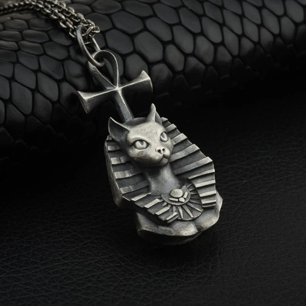 

Hot sale pure tin egypt pharaoh cat men's fashion retro hip hop pendant necklace sweater chain necklace