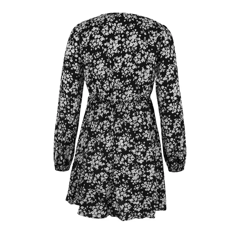 

JIAK Women Vintage V Neck Leaves Print Pleats Ruffles Casual Dress Prairie Chic Ladies Long Sleeve Vestido Autumn Dress Robe