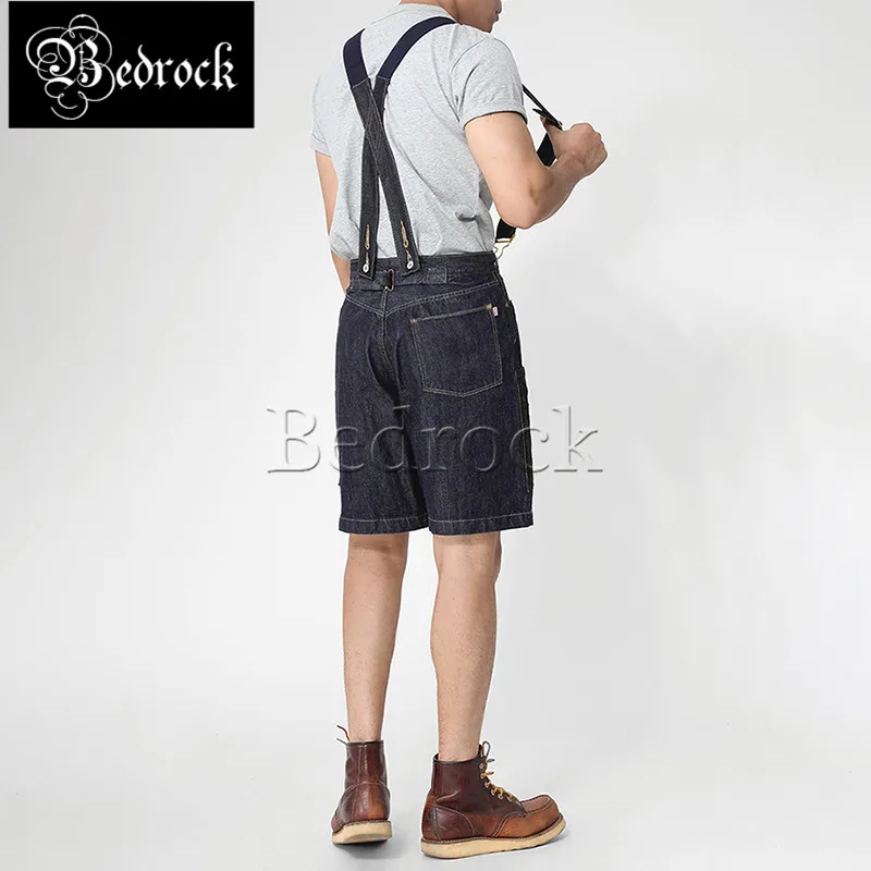 MBBCAR 11oz classic suspender shorts men dark blue raw denim Knee Length jeans retro one washed selvedge denim overalls thin 575