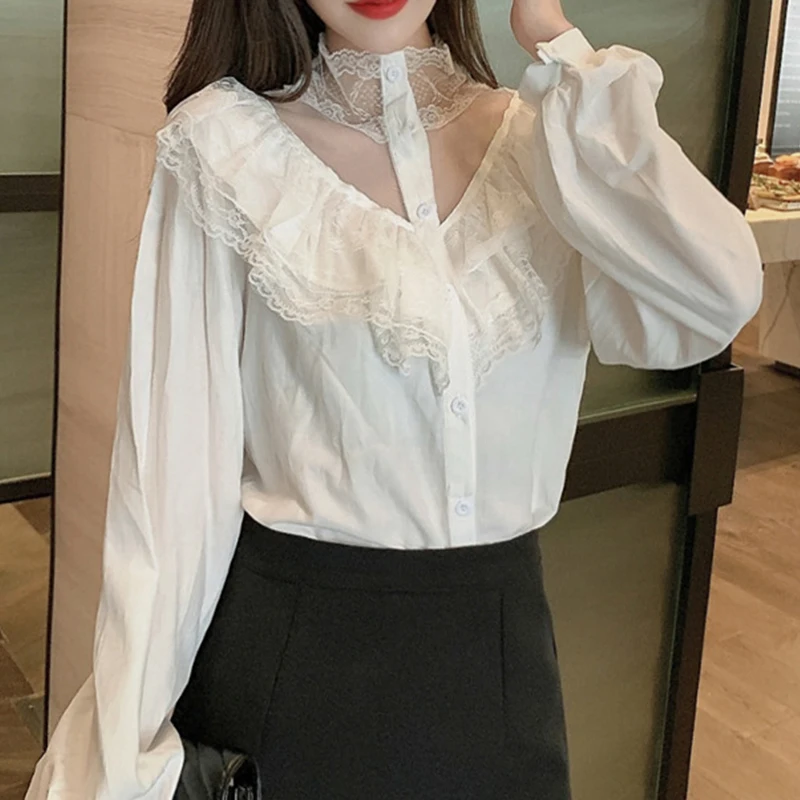 

Элегантная кружевная рубашка из сетчатой ткани с воротником-стойкой, Женская однобортная рубашка на пуговицах с оборками, женский модный т...