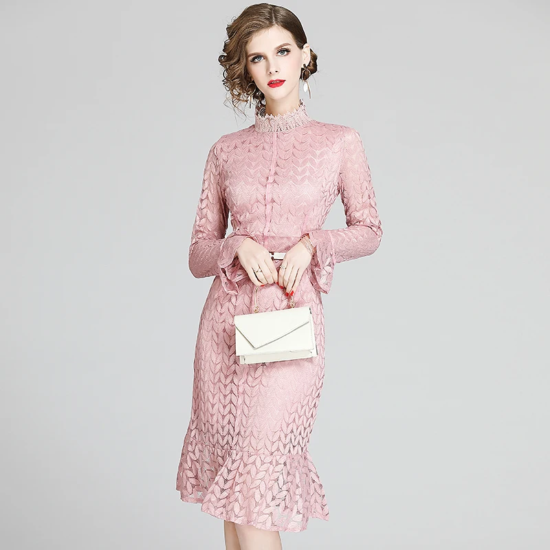 

LUKAXSIKAX 2020 New Spring Autumn Women Stand Collar Long Sleeve Dress High Quality Leaves Pattern Pink Lace Dress Send The Belt