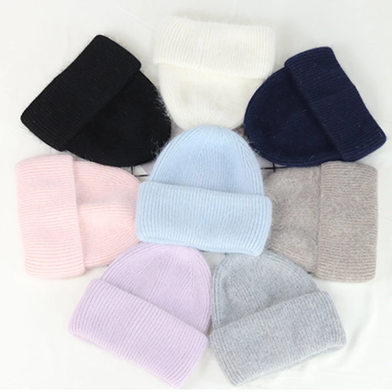 

9 Colors Unisex Solid Color Real Rabbit Fur Beanies Winter Hat For Woman Knit Bonnet Acrylic Woman Autumn Warm Skullies