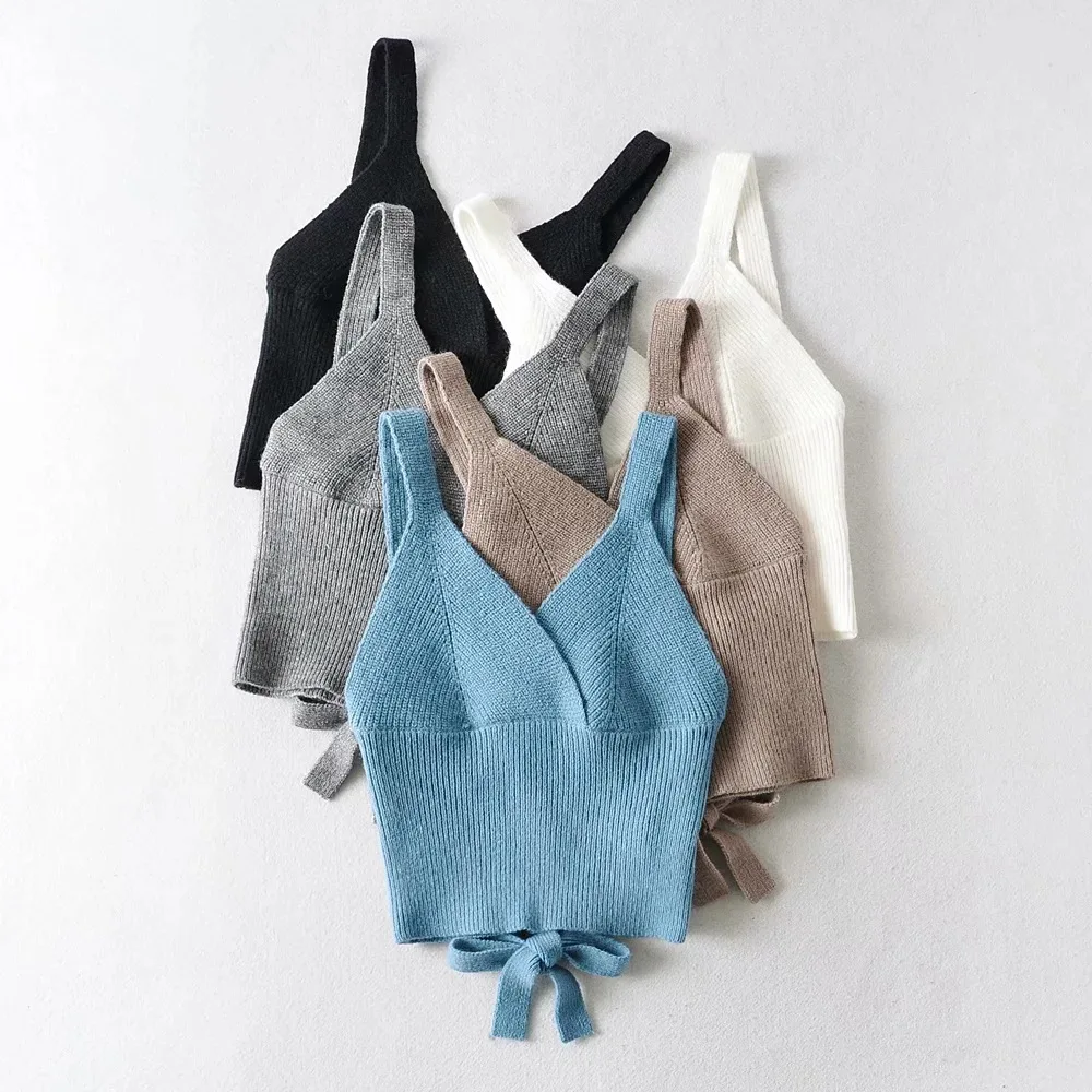 

Летний укороченный топ, женский, модный, вязаный, однотонный, с V-образным вырезом, белый, черный, серый, синий, хаки, Приталенный топ