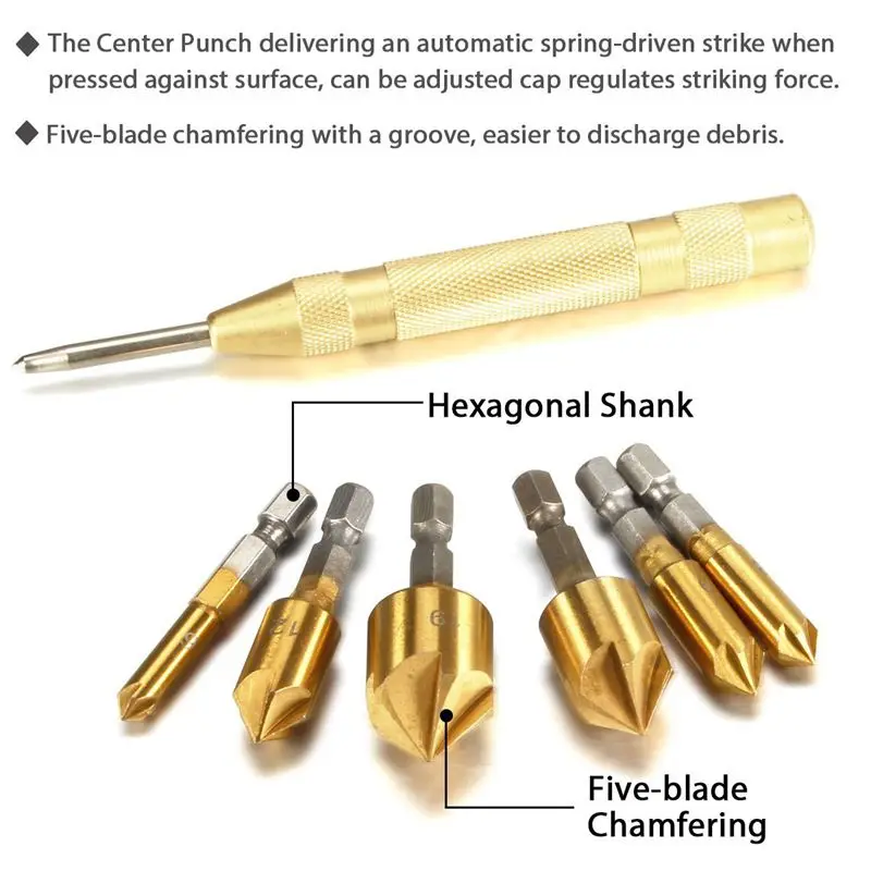 

Promotion! Countersink Drill Bits Center Punch Tool Set, Automatic Punch + Hex Shank Five-Blade Chamfering Drill Bit + Flexible