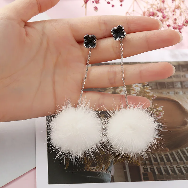 Korean Style Long Four-leaf Fur Ball Ear Drop Statement Earrings 925 Silver Needle Hair Dangle for Women Girls | Украшения и