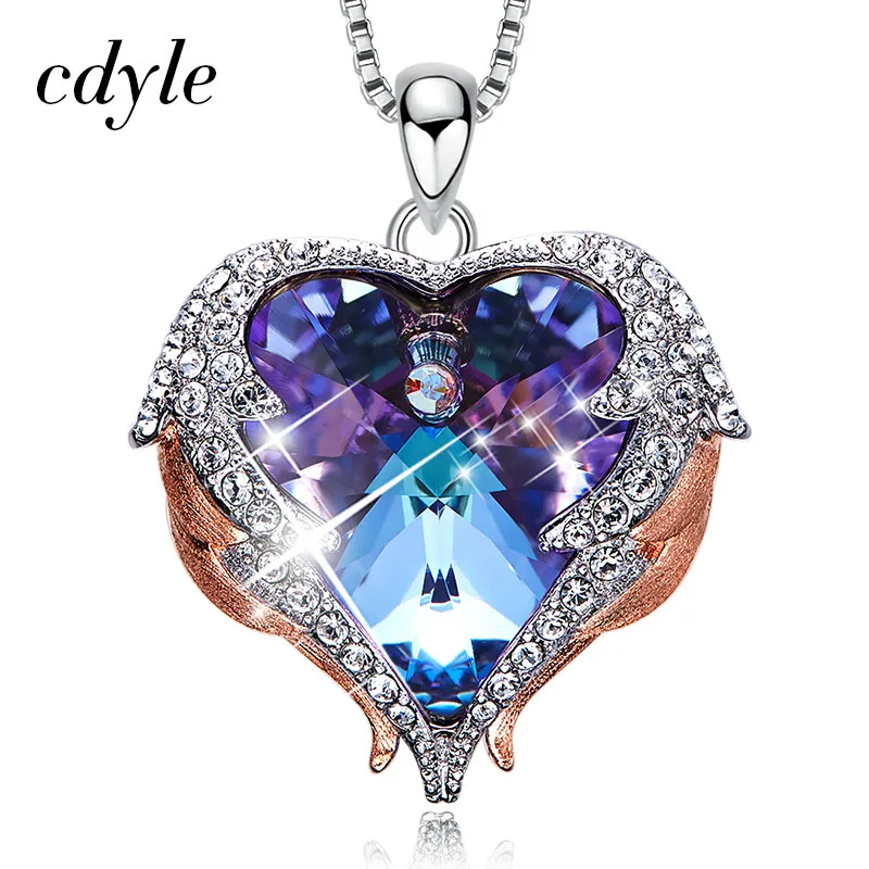 Cdyle готическое черное крыло Ангела Сверкающее красное сердце кристалл от Swarovski Подвеска Ожерелье для Хэллоуина ювелирные изделия подарок - Окраска металла: Purple P0902G