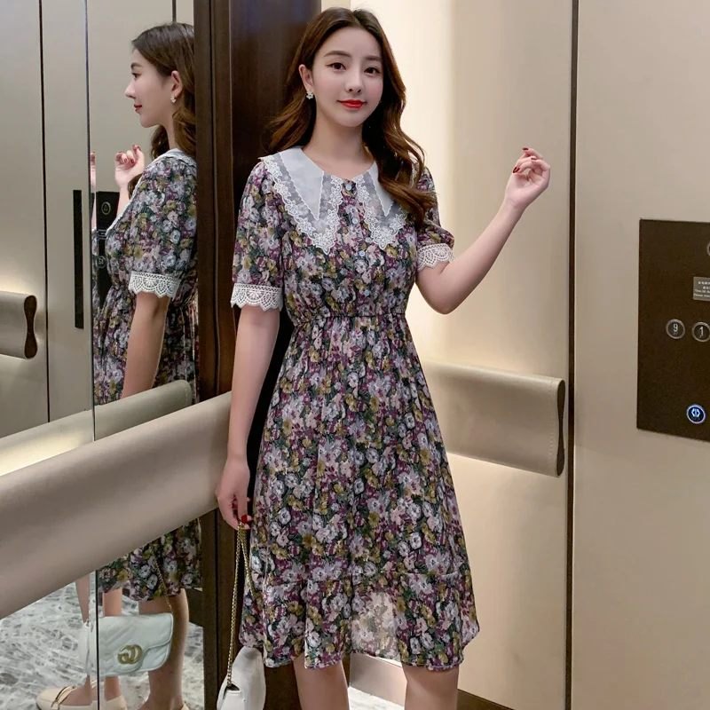 

M-4Xl Chiffon Dress Lace 2021 Summer Korean Fashion Style Temperament Thin Turn-Down Collar Floral Ol Chic Puff Sleeve Fairy