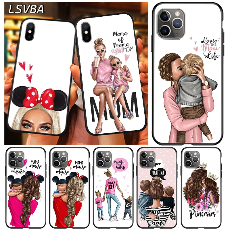 black cover hot mom and baby girl for apple iphone 12 mini 11 xs pro max x xr 8 7 6 6s plus se 2020 5 5s phone case free global shipping
