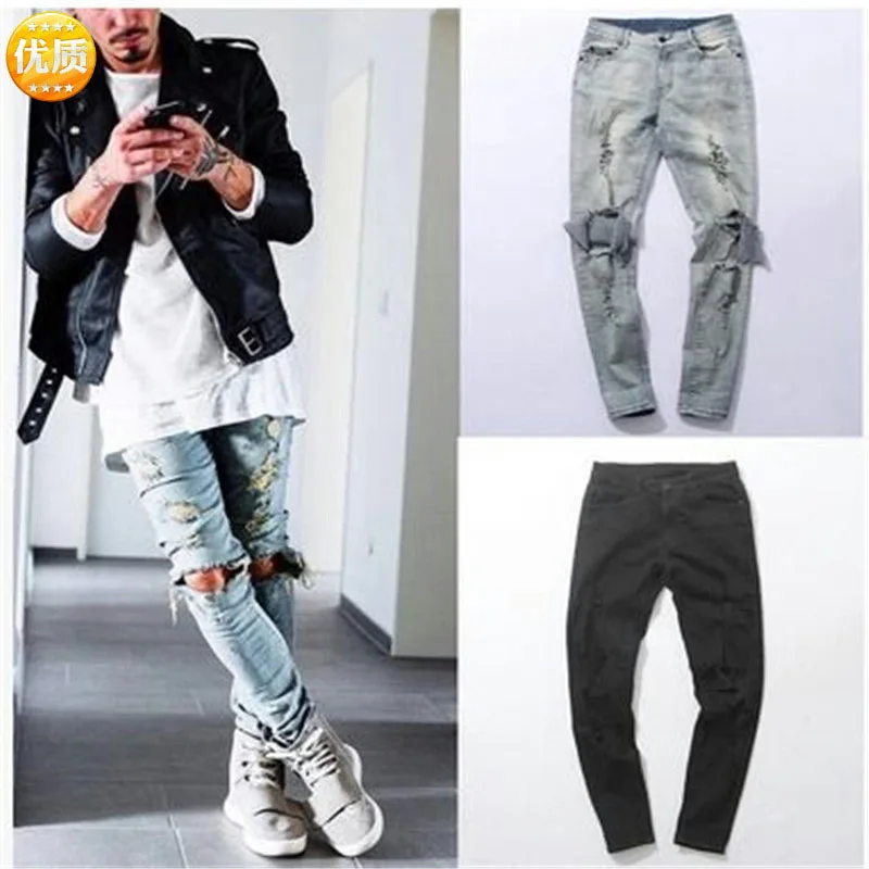 

Men New Stretchy Ripped Jeans Destroyed Hole Taped Slim Fit Denim Pants Scratched Mid Waist Skinny High Quality Pencil Trouser