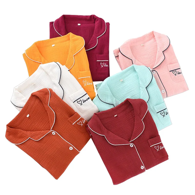 

2020 Autumn New Ladies Soft Gauze Cotton Pajama Set Solid Color Turn-Down Collar 2Pcs Sleepwear Femme Comfort Loose Casual Wear