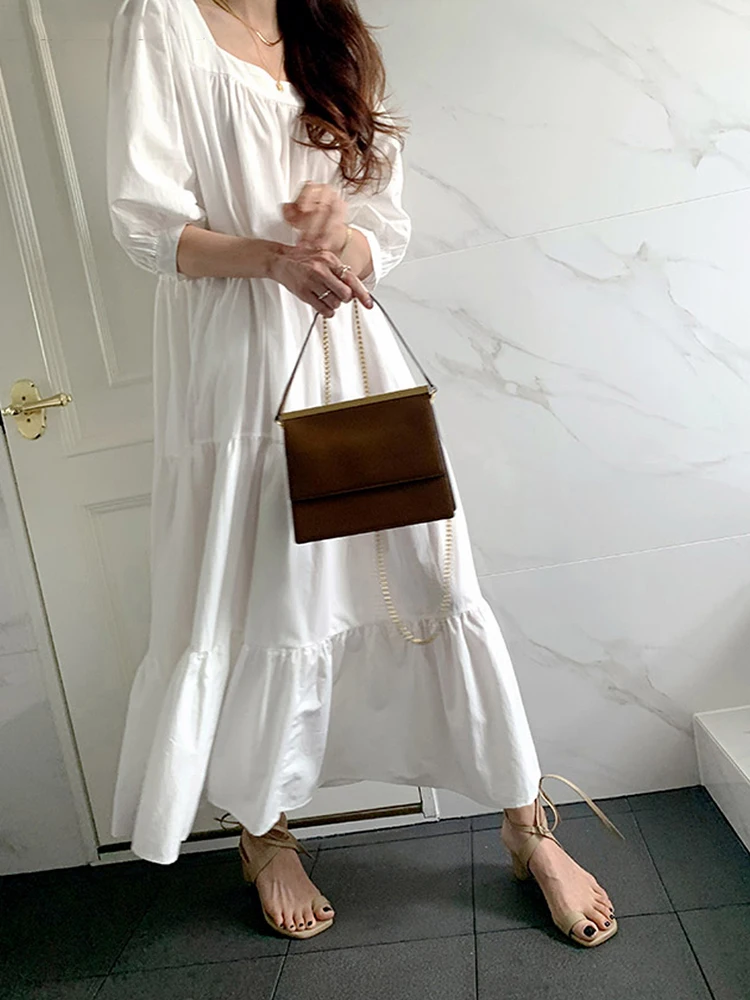 

Sister Fara New Chic Square Collar Dress 2021 Summer Women Oversized Solid Puff Sleeve Mid-length Dress Casual Women's Dresses