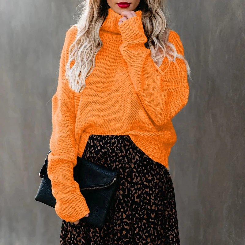 Женский трикотажный свитер с высоким воротником однотонный Повседневный